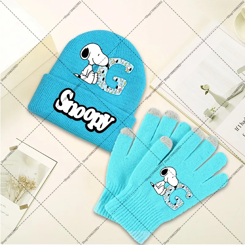 2PCS Snoopys Knitted Hat and Gloves Set Cartoon Anime Letters A-Z Printed Winter Supplies Boys Girls Cute Beanies Party Gifts