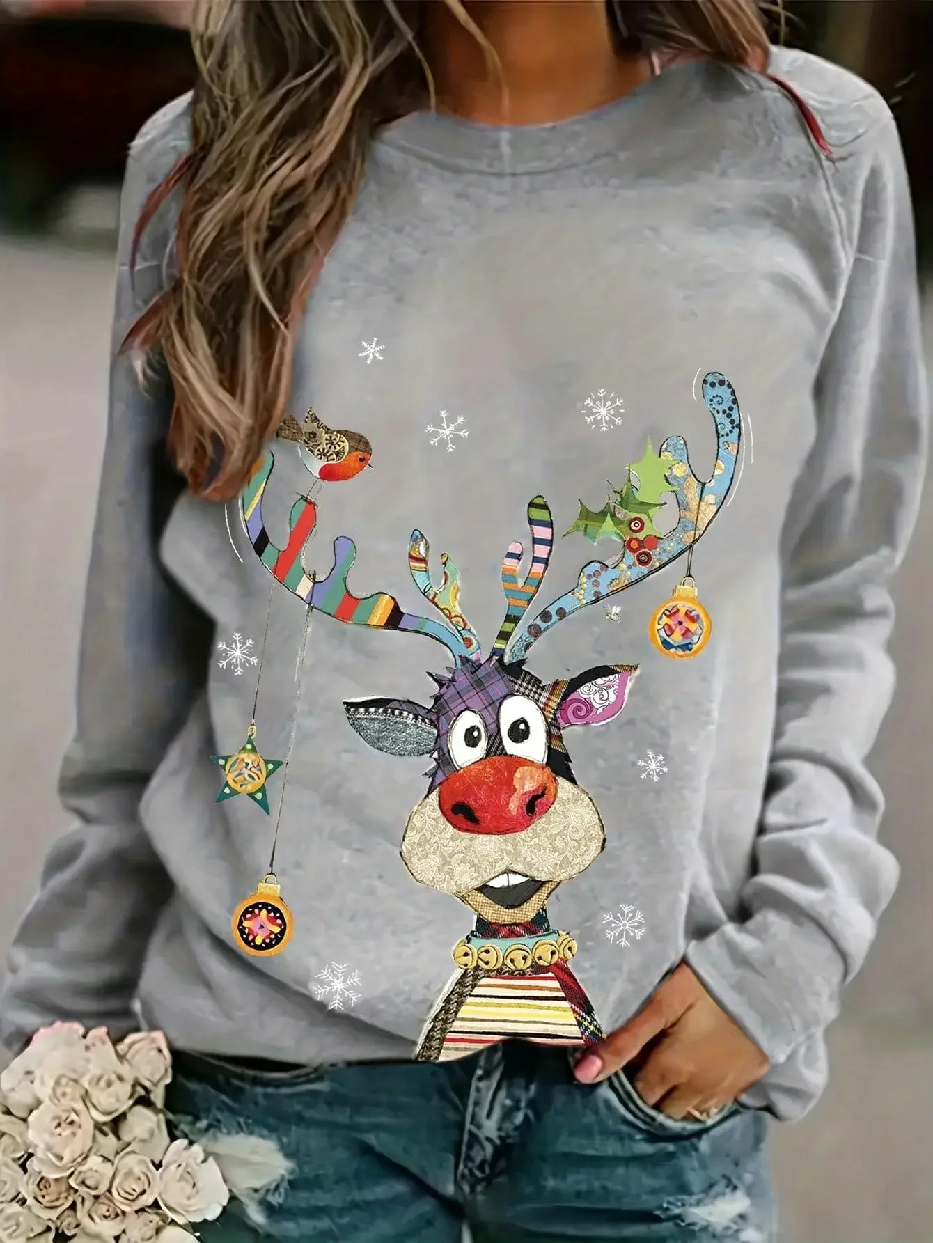 Women Cute Christmas Deer Graphic Sweatshirt Raglan Long Sleeve Casual Holiday Pullover