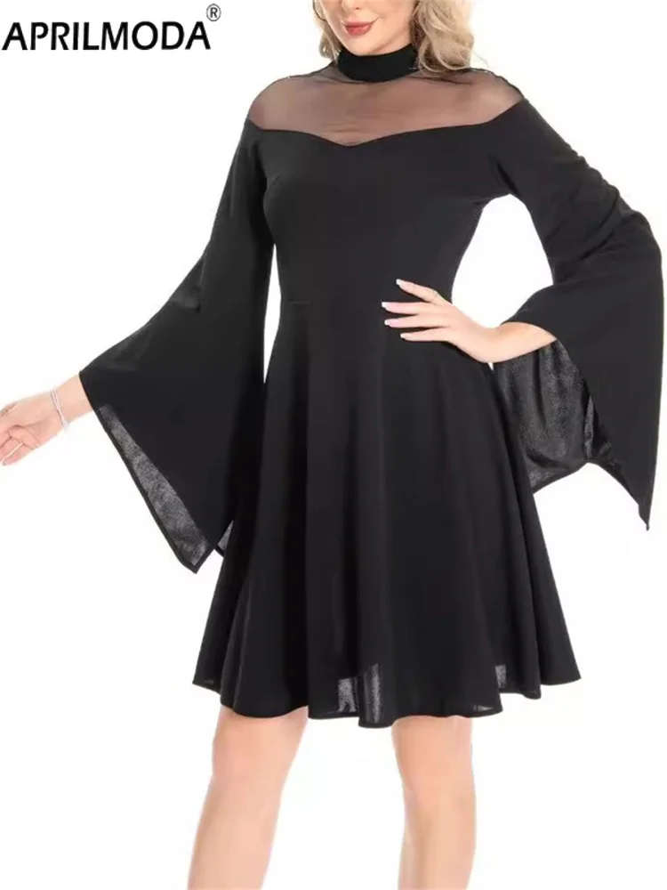 Halloween Holiday Black Vintage Big Swing Dress Cosplay Dance Patchwork Short Prom Gowns Flare Sleeve 50s 60s Runway Midi Dress