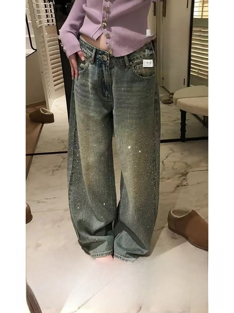 

American Style Glittering Diamond Wide Leg Jeans Women Casual Summer New Small Size Slimming Commuting Jeans High Waist