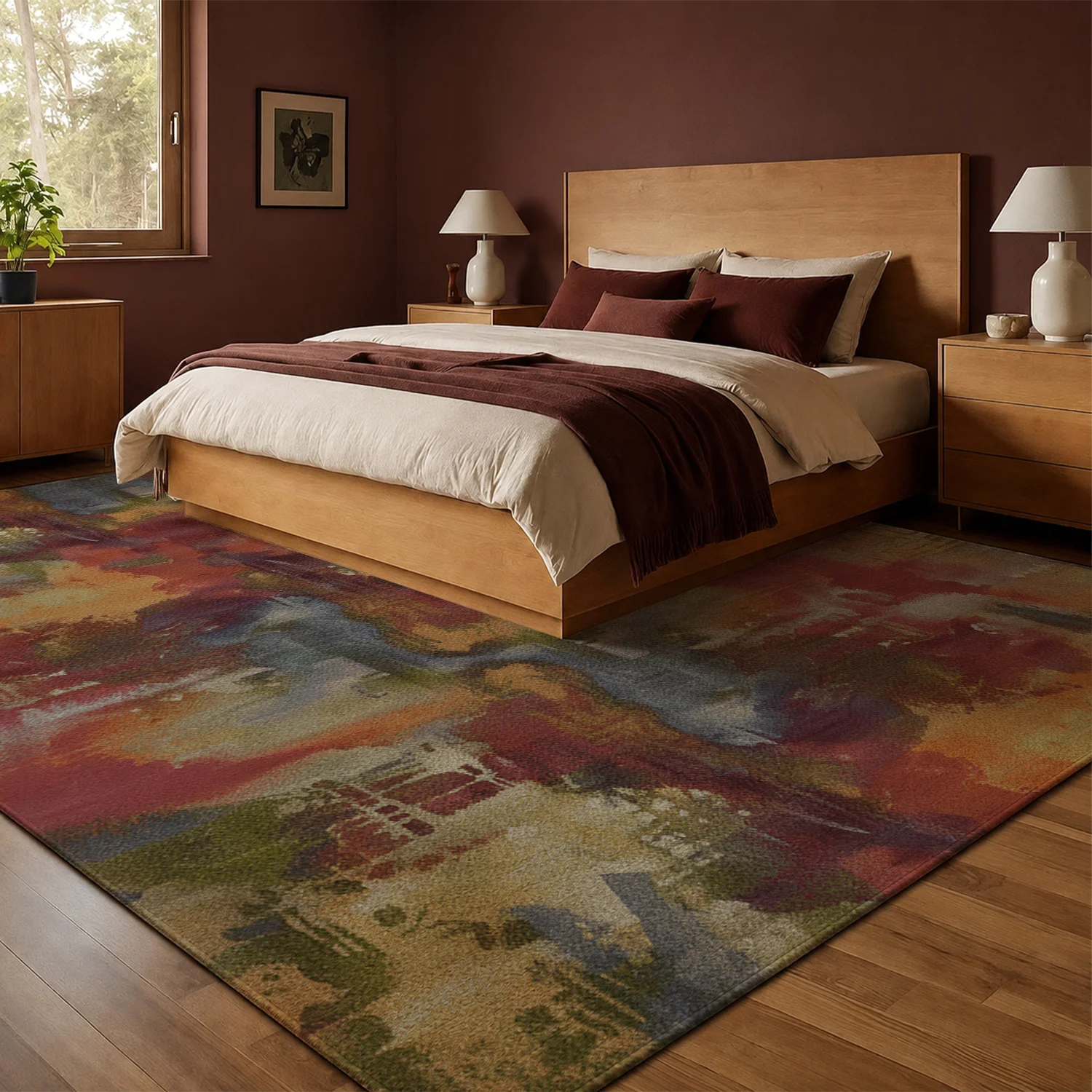 Large Indoor Area Rug, Soft Velvet Low Pile Non-slip Dotted Backing Machine Washable Abstract Watercolor Brush Pattern Floor Rug for Living Room Bedroom, Warm Multicolor Decor Rug for Home Interior Spaces