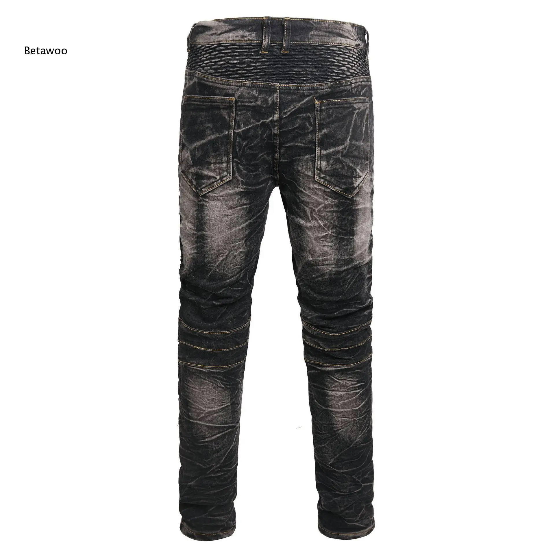 Retro Black Washed Biker Denim Pants For Men Stitched Knee Panel Slim Cut Jeans For Fashion Street And Multiple Casual Matches