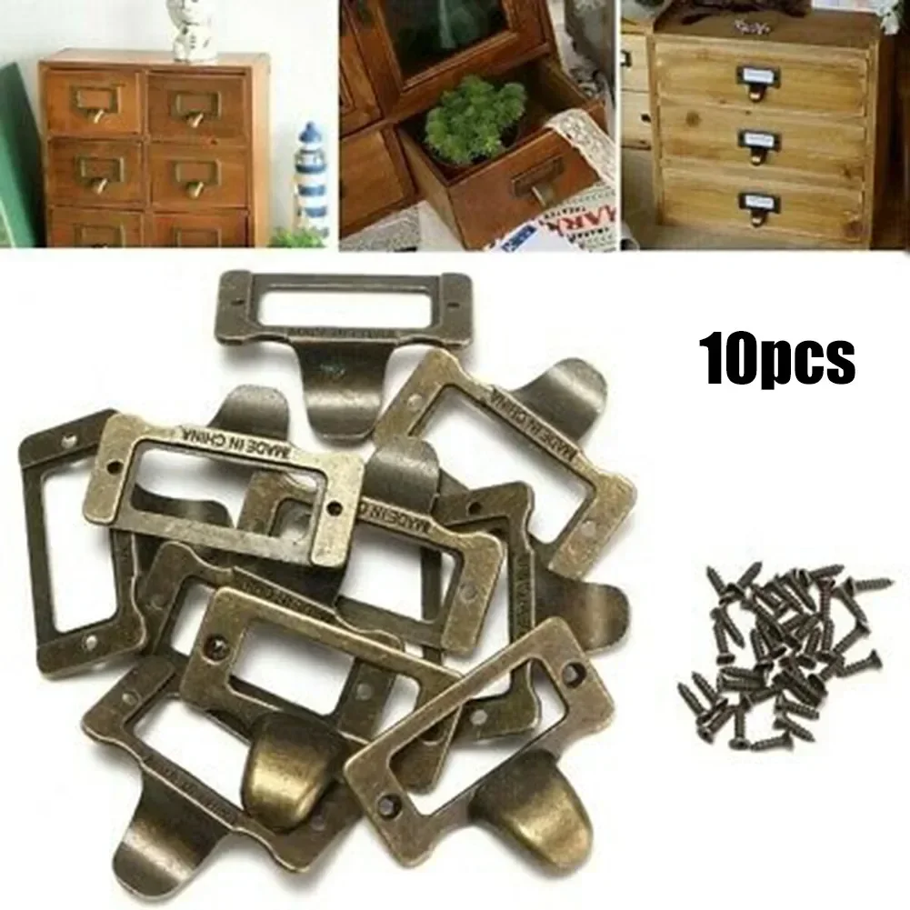 10 PCS Cabinet Drawer Label Pulls Antique Style Brass Tag File Name Card Holder Frame For Jewelry Box Gift Box Cupboard Pulls