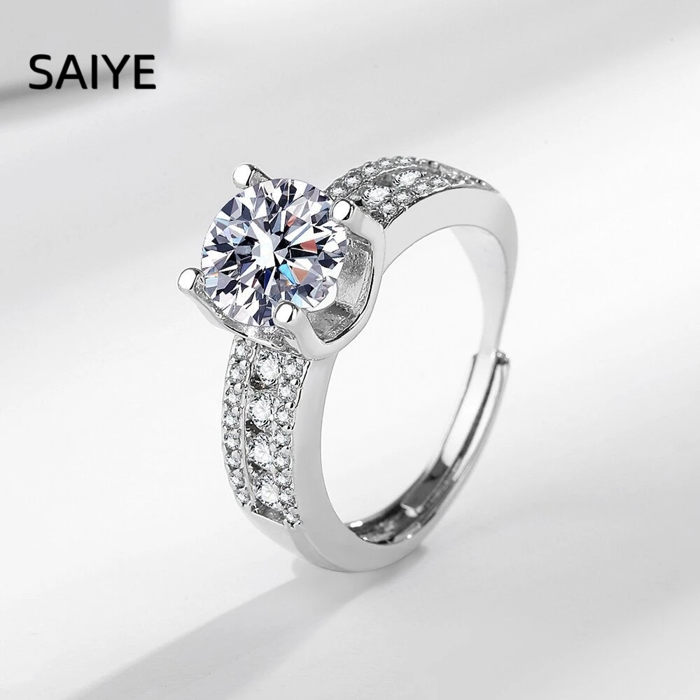 925 Sterling Silver Open Adjustable Ring for Women 4‑Prong Round CZ Zircon Double Row Paved Band Wedding Ring Jewelry Gift