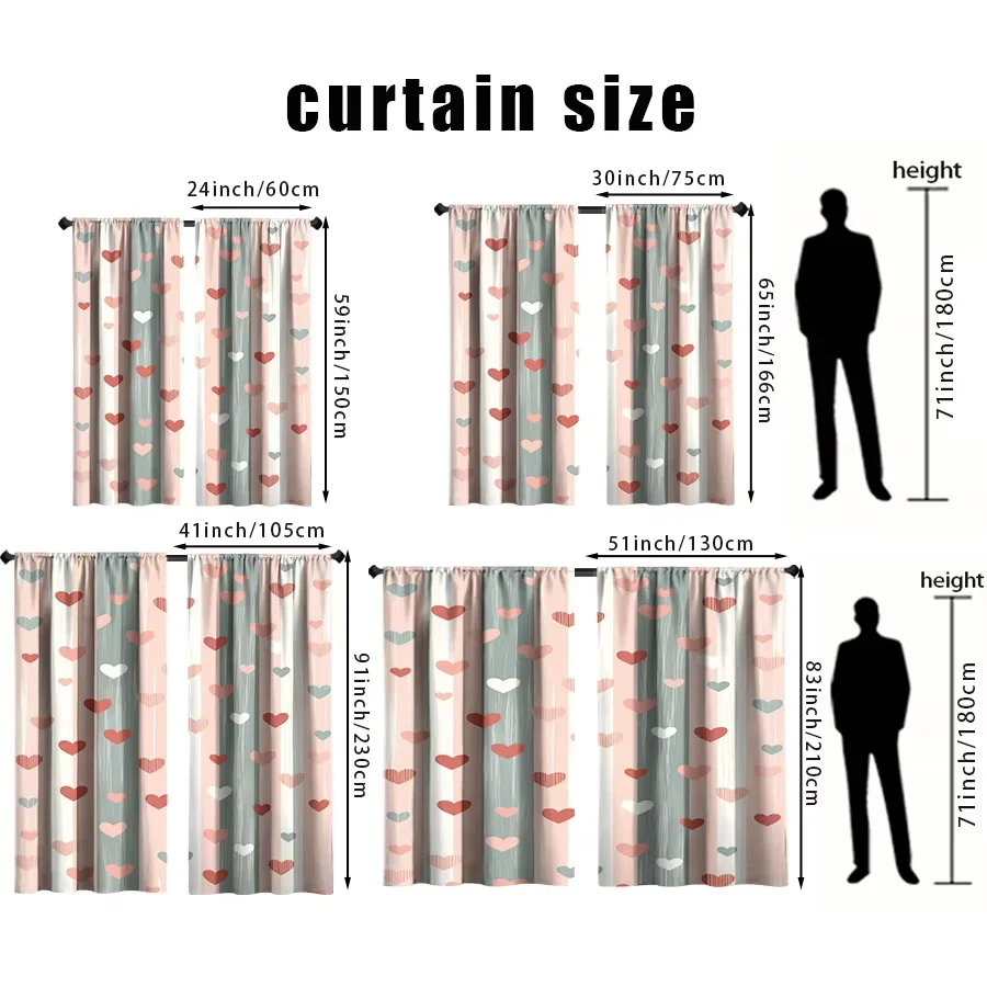 2PCS Multicolor Pastel Heart And Striped Wood Pattern Curtains Rod Pocket Design For Bedroom And Living Room