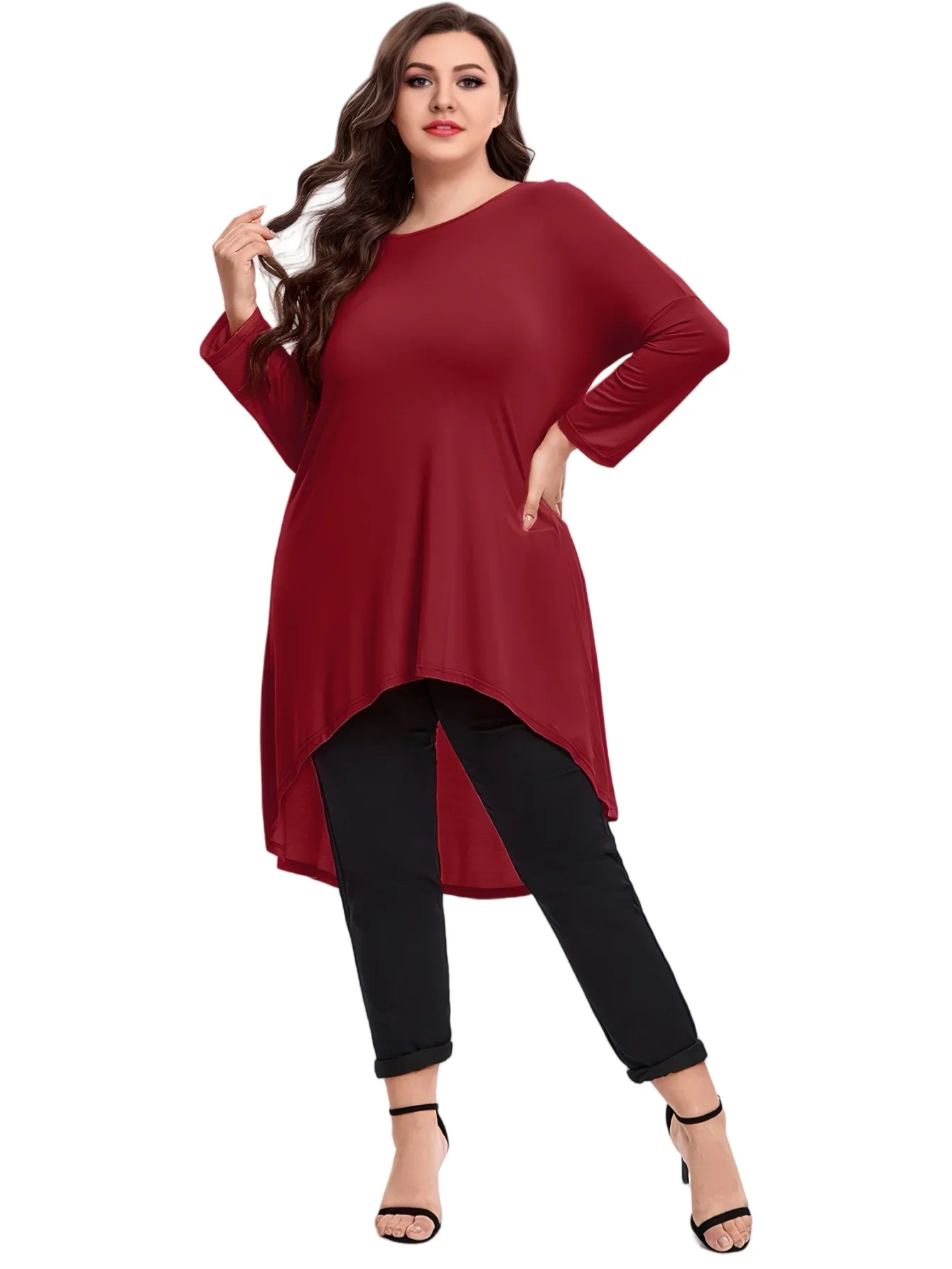 Womens Plus Size Long Sleeve Hi Low Tunic Tops Long Loose Fit Flare Basic Swing Blouse Tops Shirt For Leggings