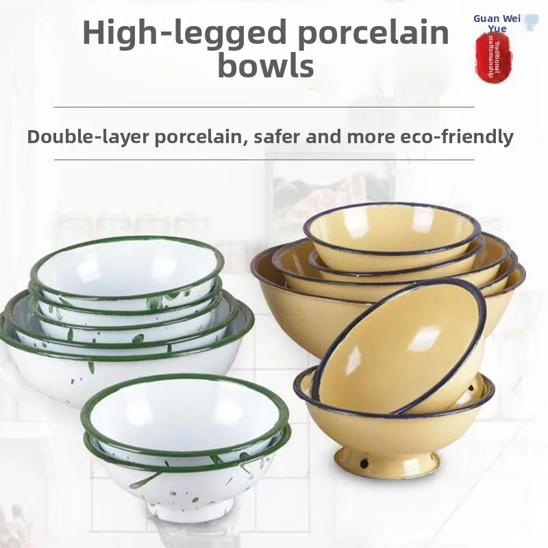 

Thickened Retro Style Enamel Soup Bowl High Footed Porridge Bowl for Students Home Use One Person One Bowl Special for School