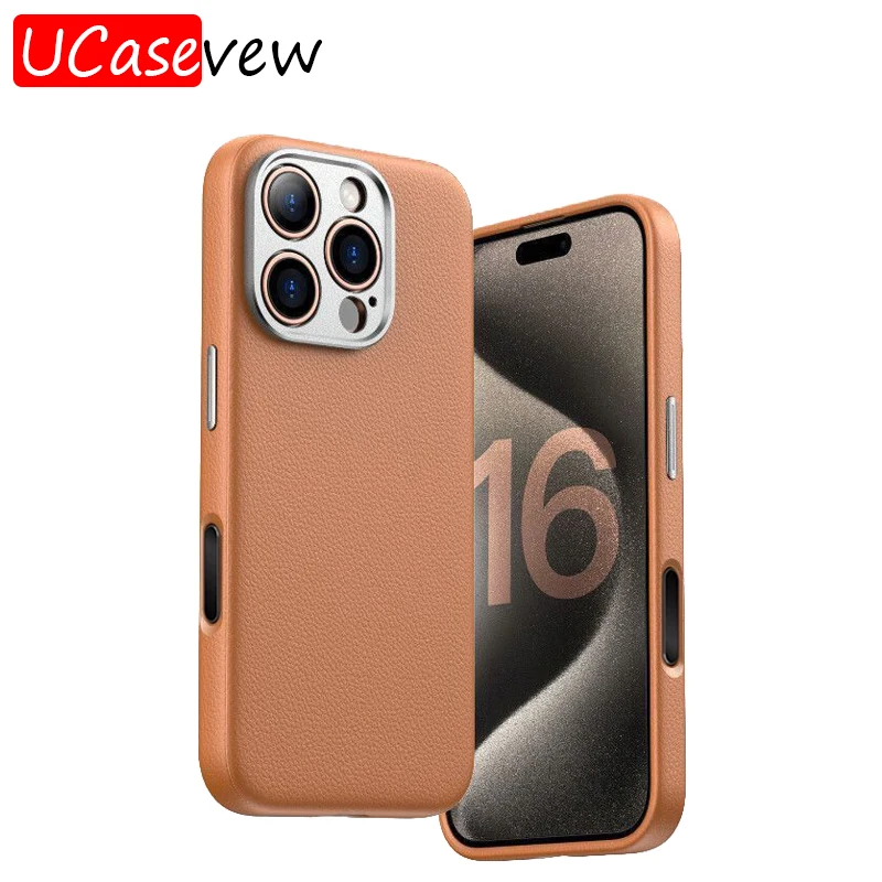 

Luxury Premium Business Leather Case For Apple Iphone 16promax 15 14 Metal Button Lightweight Thin Magsafe Shockproof Phone Case