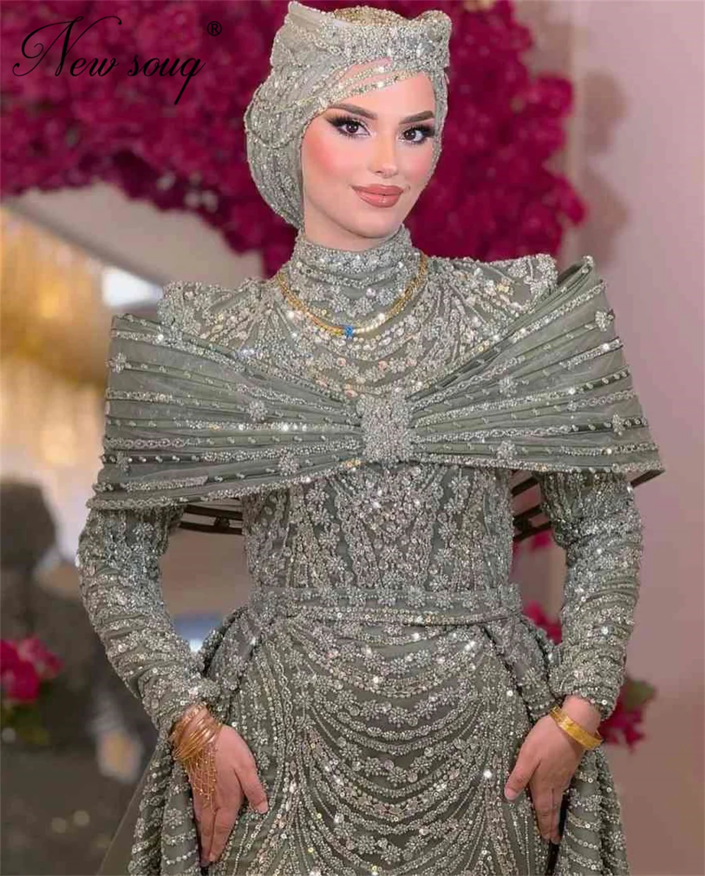 Árabe muçulmano mangas compridas vestidos de noite com saia destacável luxo sage verde miçangas vestidos de festa de casamento personalizado baile