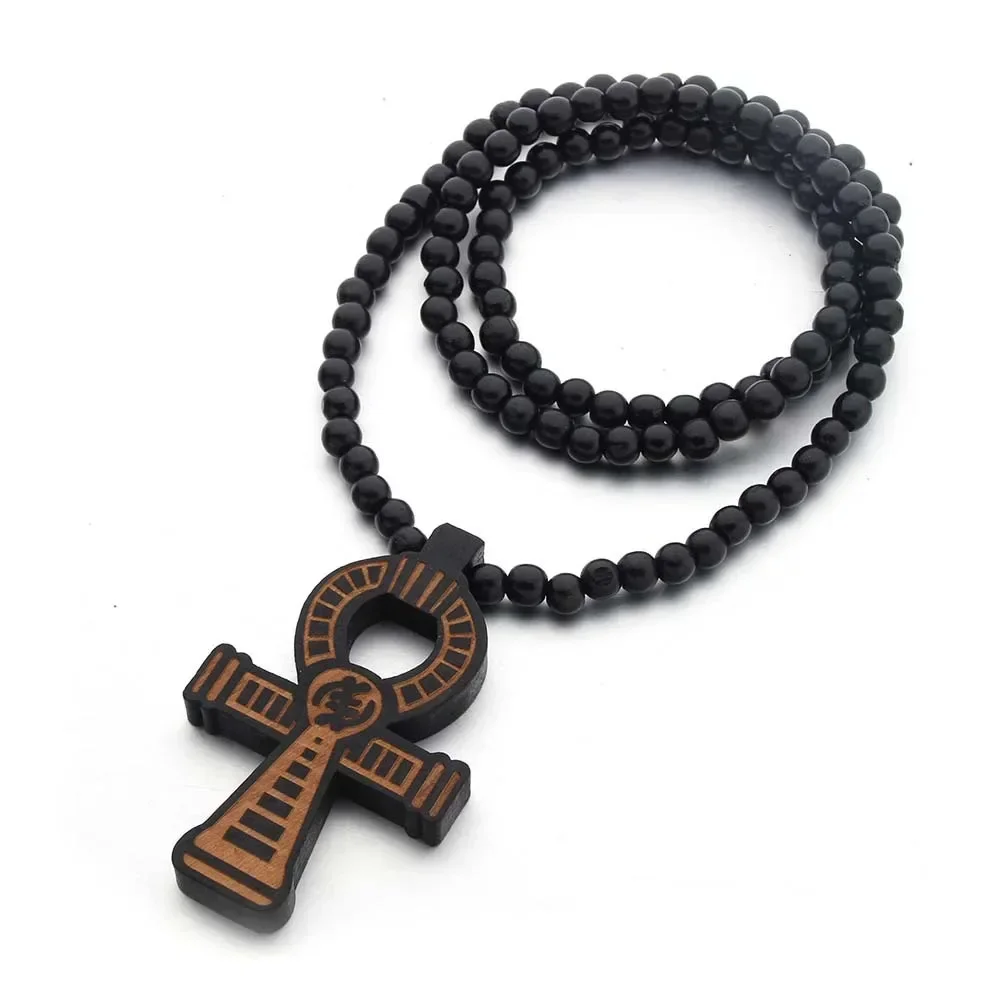 New Wooden Egypt Anka Cross Necklace Pendant For Men Woman Long Beaded Sweater Chain Necklaces Red Black Brown Color