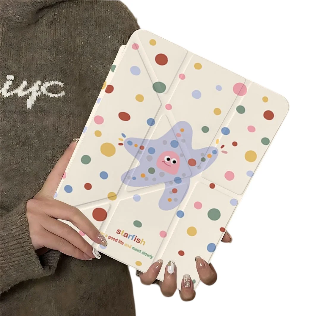 Cartoon Starfish Colorful Dot Pen Slot Tablet Case For iPad 2026 Air 8 7 6 4 3 2 1 Pro 2024 11in 12th 11 10 9 8 7 6 5th Cover