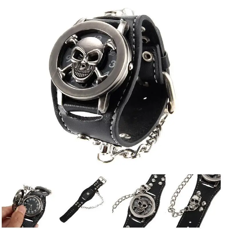 ساعة كوارتز جمجمة عصرية على طراز فاسق وغطاء جمجمة وسلسلة حزام وزجاج شفاف ومرآة ساعة مناسبة للرجال كهدية