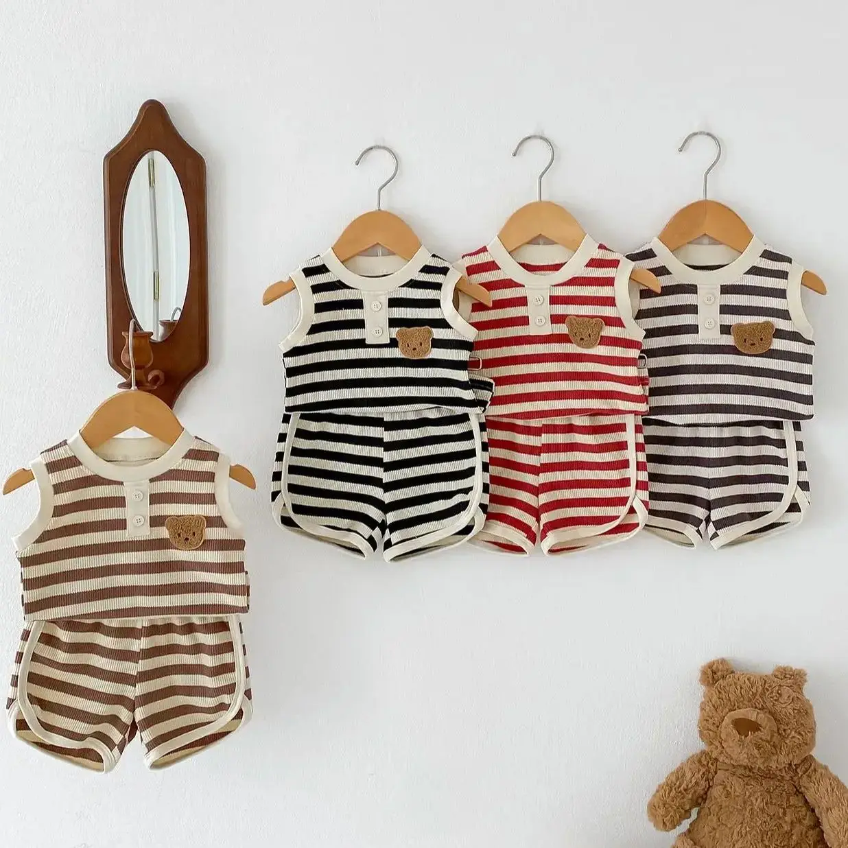 2PCS Summer Baby Outfit Set Waffle Bear Sleeveless Vest Top+Shorts Toddler Boys And Girls Fashion Cute Striped Home Wear Pajamas