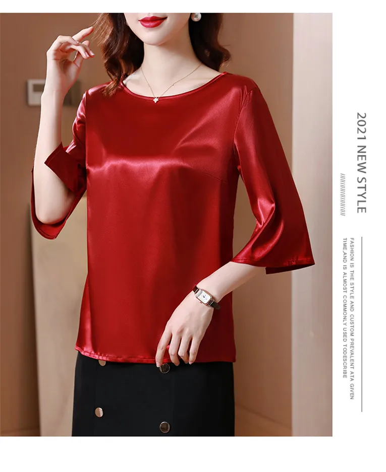 2026 Spring and Autumn New All-match O-neck Three-quarter Flared Sleeve Acetate Satin Blouse tops Basic Simple Ice Silk Shirts