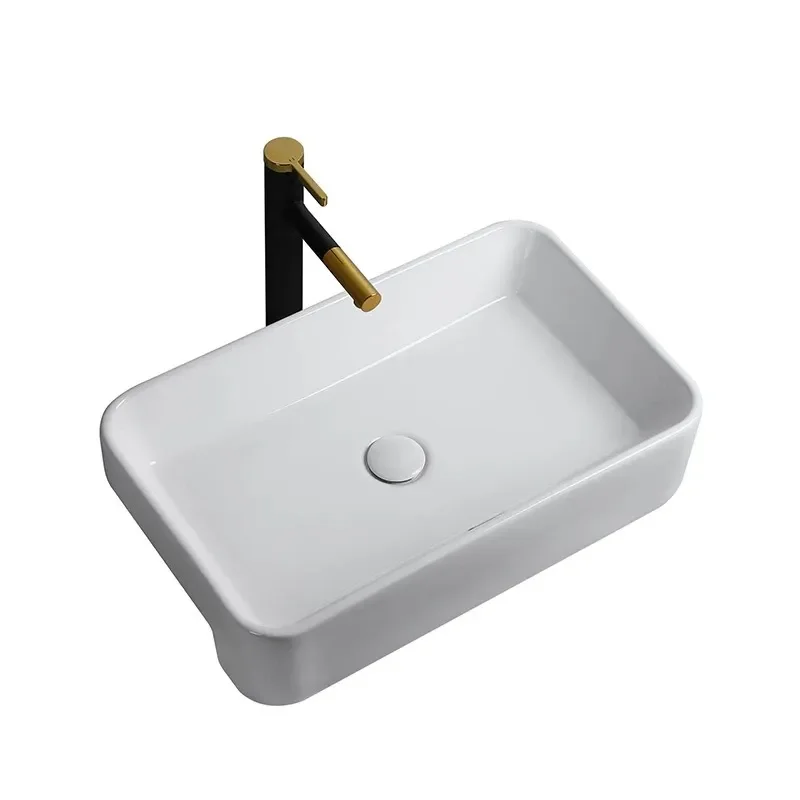 Square Ceramic Semi-recessed Sink Deep Basin with Overflow Top Mount Washbasin for Bathroom Vanity Countertop Installation