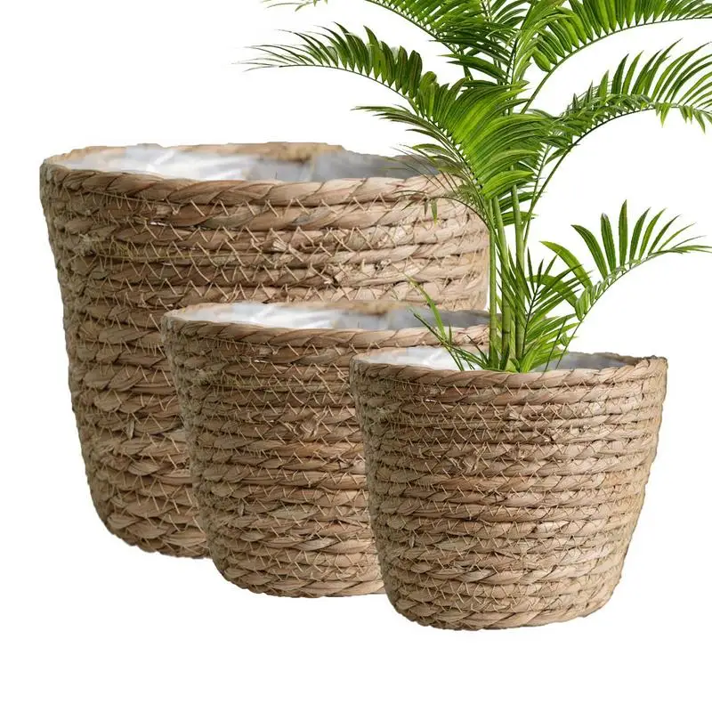 3 PCS Bamboo Storage Baskets Laundry Straw Patchwork Wicker Rattan Seagrass Garden Flower Pot Planter Basket