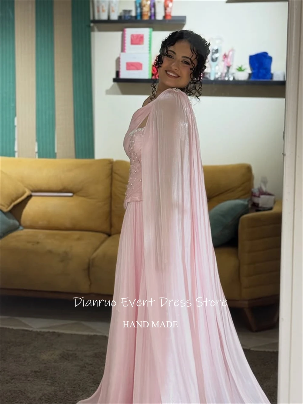 Dianruo Graziosi abiti da sera monospalla Chiffon di cristallo Robes De Soirée A Line Abiti da festa Elegantes personalizzati