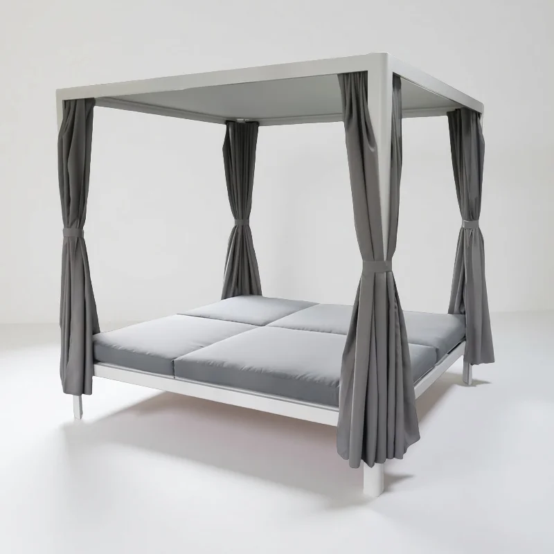 Outdoor Aluminum Patio Double Chaise Lounge Retractable Canopy Daybed Grey Cushion Beige Outdoor Curtain for Gardenpromote sales
