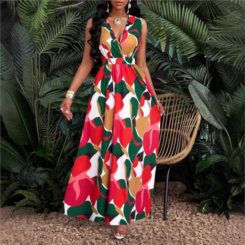 

Foreign Style Tropical Printed Women's Long Dress Summer Fashion V-neck Large Bottom Hem A-line Dresses Lady High Waist Vestidos