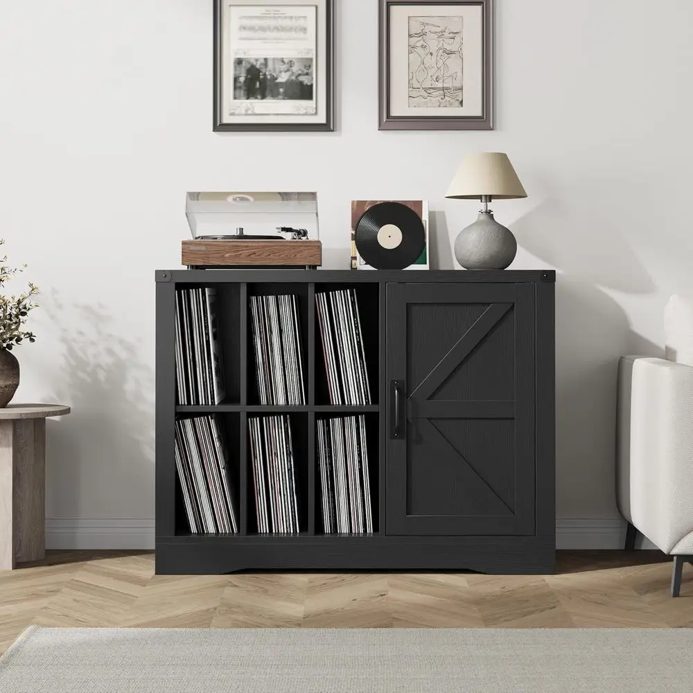 

Black Farmhouse Style CD/DVD Rack with Door and Storage for up to 750 Albums