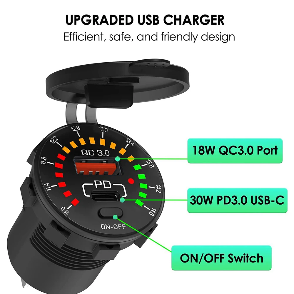 

12/24V Waterproof USB PD Outlet Fast Charge 36W Dual USB QC 3.0 Car Charger with LED Voltmeter ON OFF Switch For Car Motorcycle