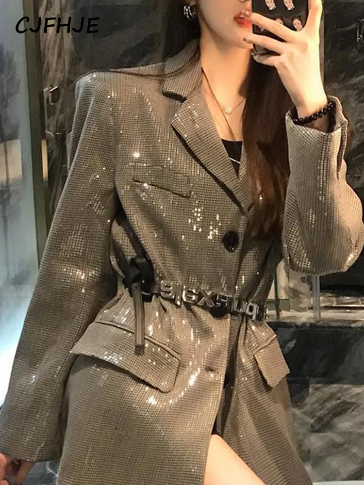 Cjfhje Damen Silber lässig Blazer Herbst Winter neue französische Mode Vintage klassische weibliche lose glänzende Temperament Anzug Jacke