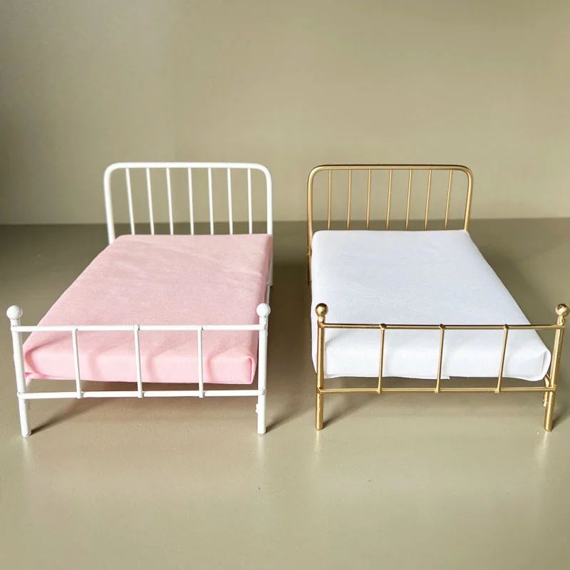1:12 miniature bed for dolls Dollhouse Iron doll bed Furniture toy children simulation house role play toys collection gifts