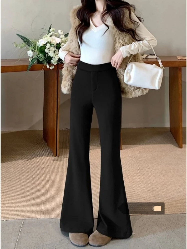 

Корейские повседневные брюки с высокой талией, на подкладке, женские, свободного кроя, стройнящие, длинные, с легким расклешением, удобные