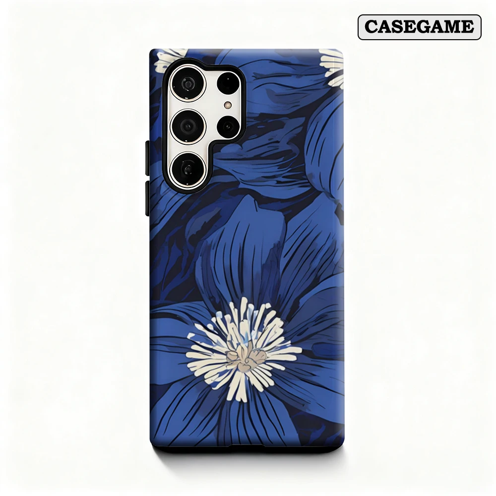 Capa de telefone com pétalas azuis para Samsung Galaxy S25 Ultra S24 S23 Ultra Plus Capa traseira de camada dupla à prova de choque