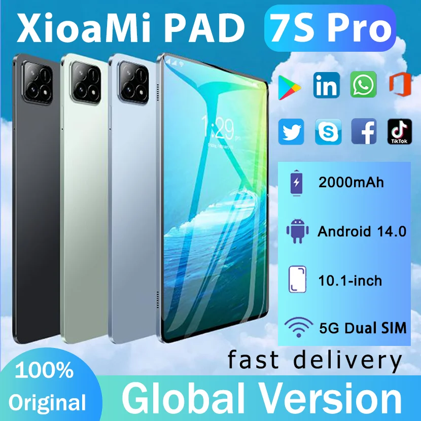 2025 New Global Edition Xioaml Pad 7S Pro Tablet 10.1-inch Android 14 HD Large Screen 5G Dual SIM Dual Standby Bluetooth Tablets