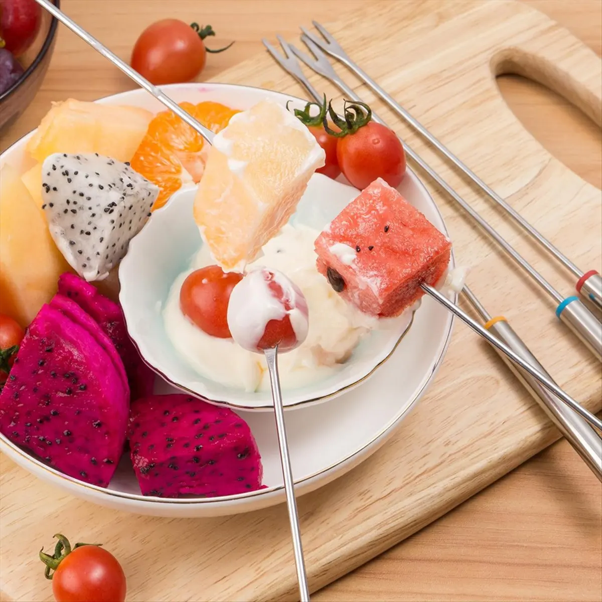 A75K 12PCS 9.5 Inch Color-Coded Stainless Steel Fondue Forks, Cheese Fondue Fork Stainless Steel Fruit with Heat-Blocking