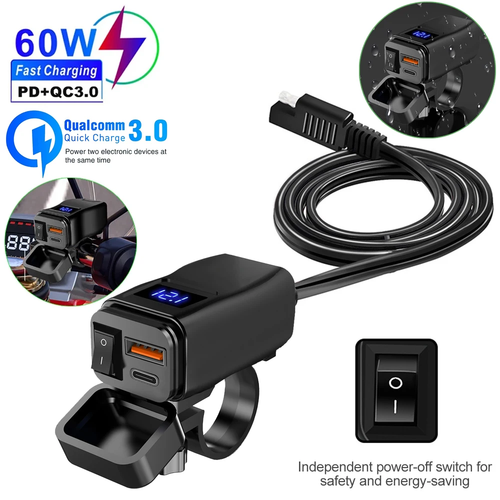 Motorcycle USB fast charging charger 60W handlebar dual USB PD QC3.0 socket 12V switch voltmeter waterproof power adapter