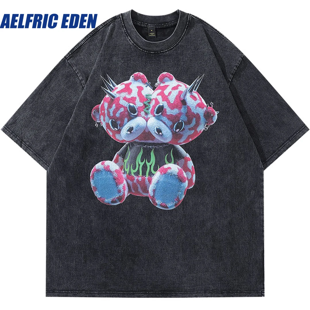 Aelfric Eden Toy Bear Graphic Print Washed Oversized Tshirt Vintage Punk T-Shirt Men Hip Hop Harajuku Fashion Gothic Loose Tee