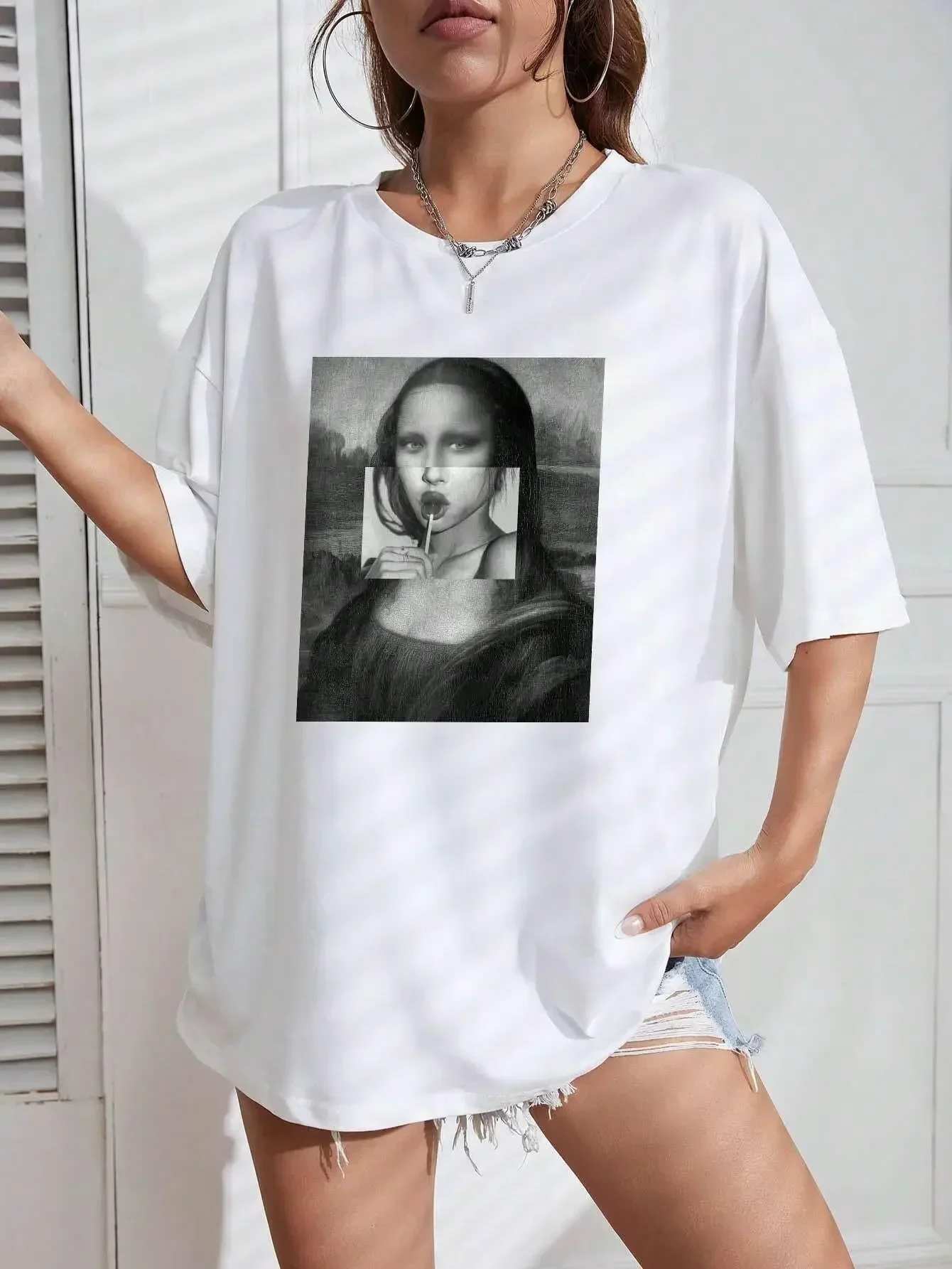 Mona Lisa-Camiseta Casual Respirável de Verão Feminino, Bebida, Tops Macios, Roupas de Moda Hip Hop, Roupas Soltas