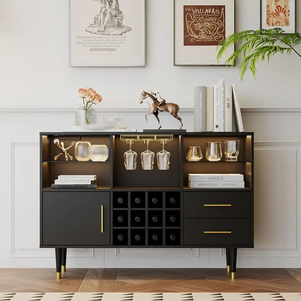 LED-lit Charging Station Buffet Cabinet, 47.2 Black Storage Sideboard for Wine & Liquor