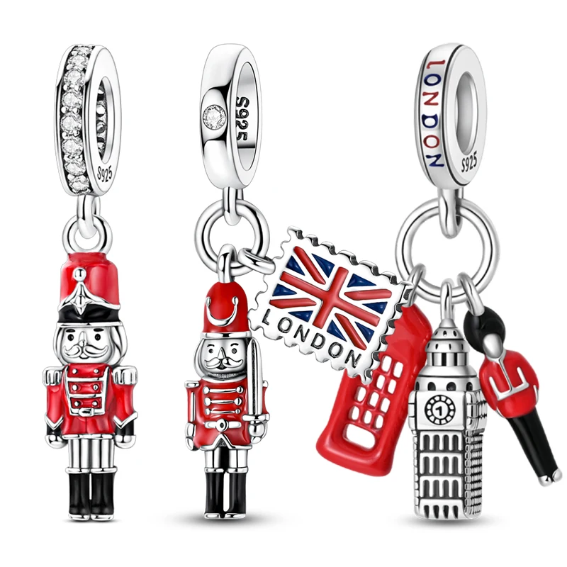 Original 925 Sterling Silber London Big Ben British Soldier Charms Anhänger für Frauen, feiner DIY-Schmuck, Geschenke