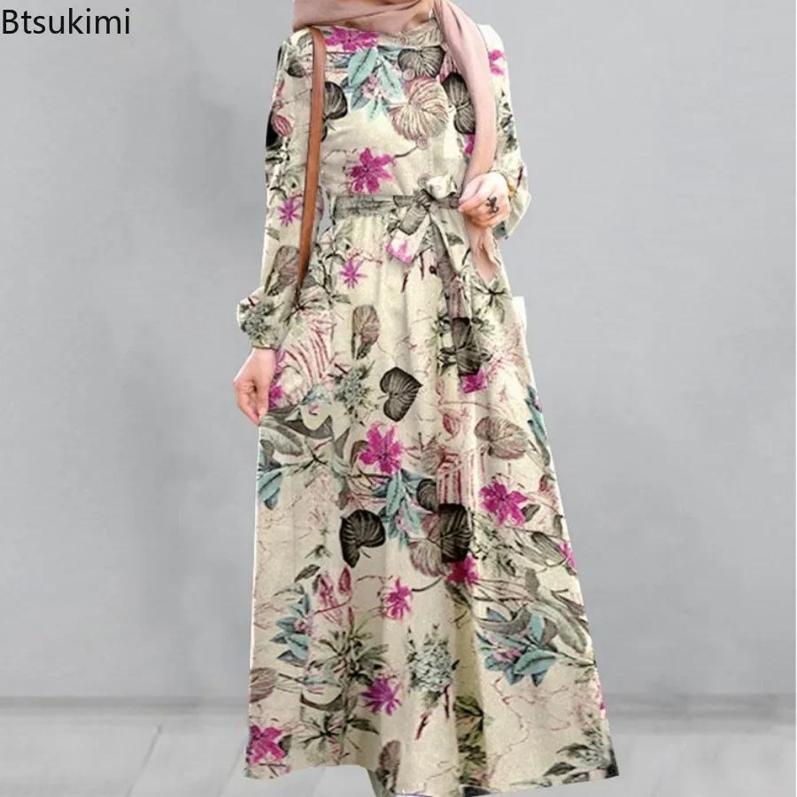 New Fashion Women\'s Floral Print Cotton Linen Dress Hijab Muslim Long Sleeve Abayas Ladies Elegant Vintage Party Dress with Belt