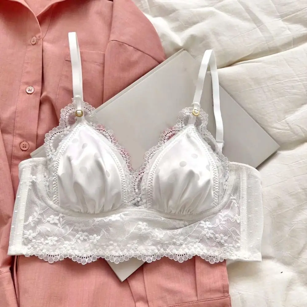 

Fashion Dots Wireless Deep V Bra Push Up Shockproof Satin Silk Bras Lingerie Anti-sagging Lace Bra Women Summer