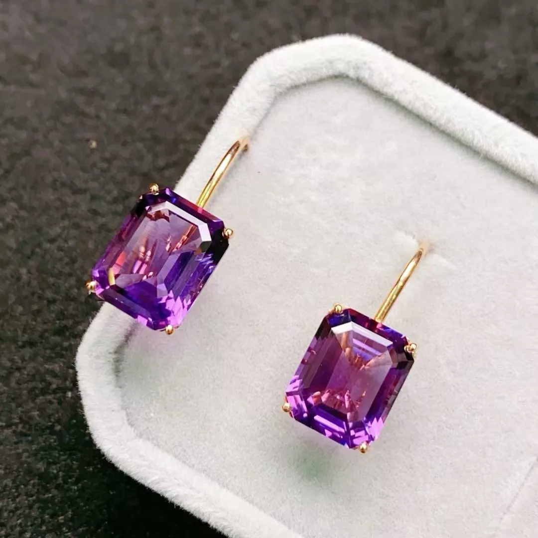 

Certificated 18K Real Gold Natural Amethyst Ear Hook 9.95ct Deep Vilolet Emerald Cut Gems Drop Dangle Earring AU750 Fine Jewelry