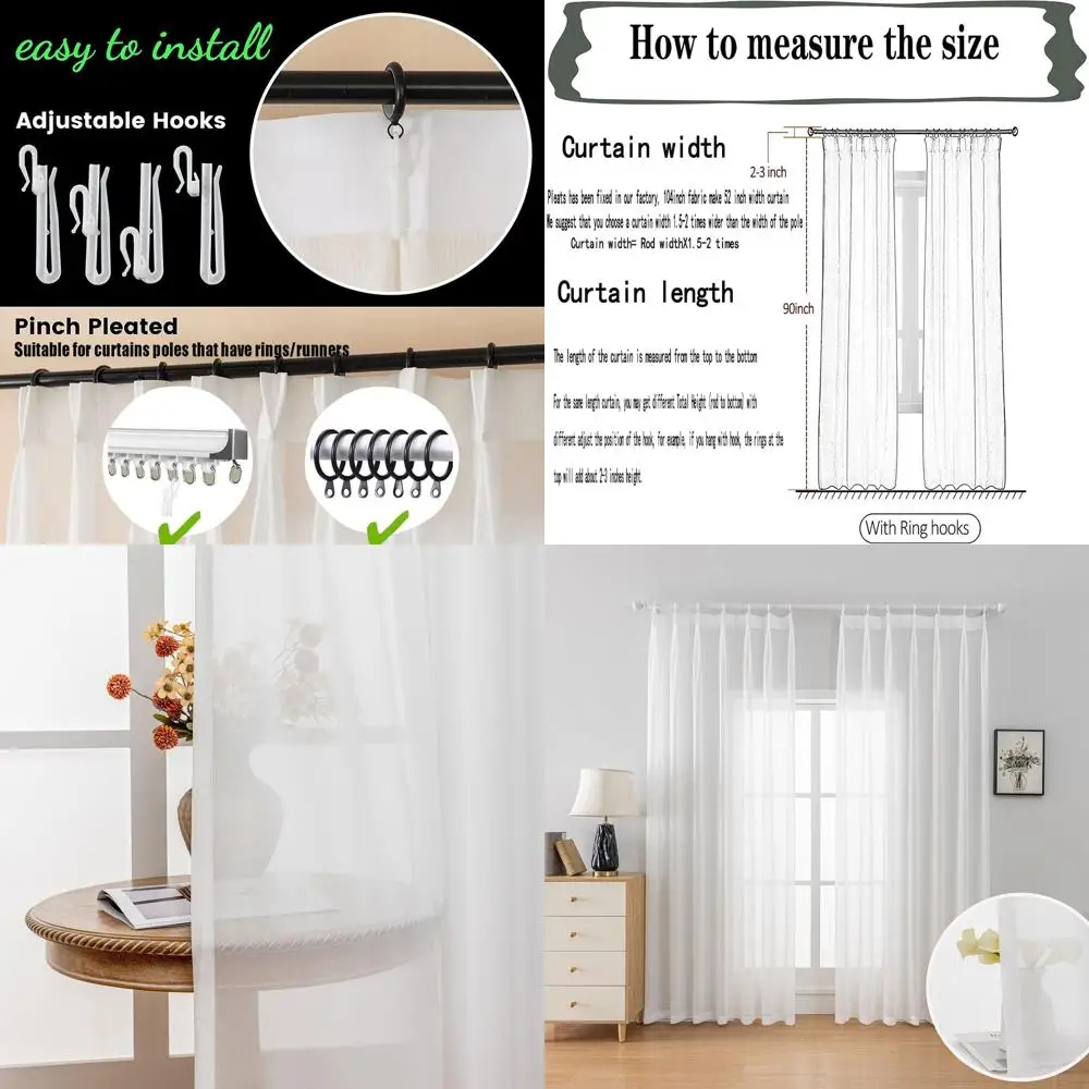 

Комплект из 2 белых штор с плиссировкой, светопроницаемый шифон для гостиной, 52 ширины x 90 длины.