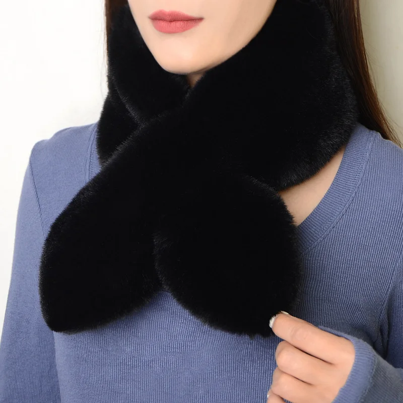 Winter Thicken Warm Cross Scarf Women Soft Faux Rabbit Fur Collar Neck Protection Shawl Solid Color Plush Wrap Warmer Scarves