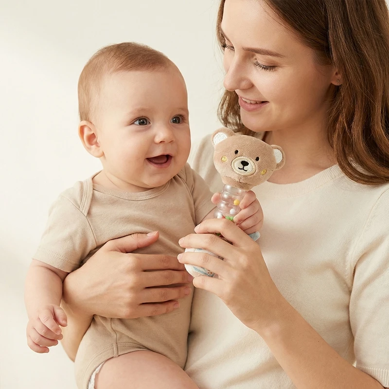 Baby Bear Rattle Early Learning Educational Toy Sensory Soothing Soft Plush Animal Rattle for Crib Handheld Baby Toy 0-12Toddler