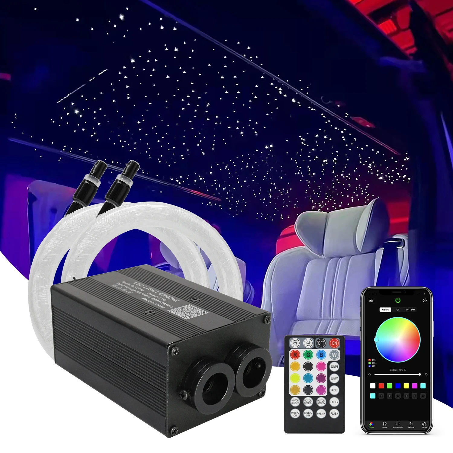 12W Twinkle Dual port  Car Roof Star Light Fiber Optic Light Ceiling Car Starry Sky Lamp RGBW APP Control Interior Atmosphere