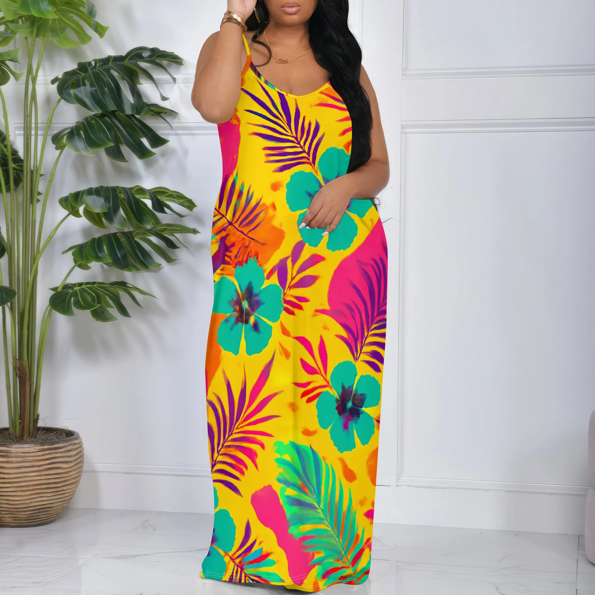 

Tropical Floral Print Maxi Dress S-3XL Spaghetti Strap Loose Fit Long Style for Beach Vacation, Pool Party or Summer Fest Look