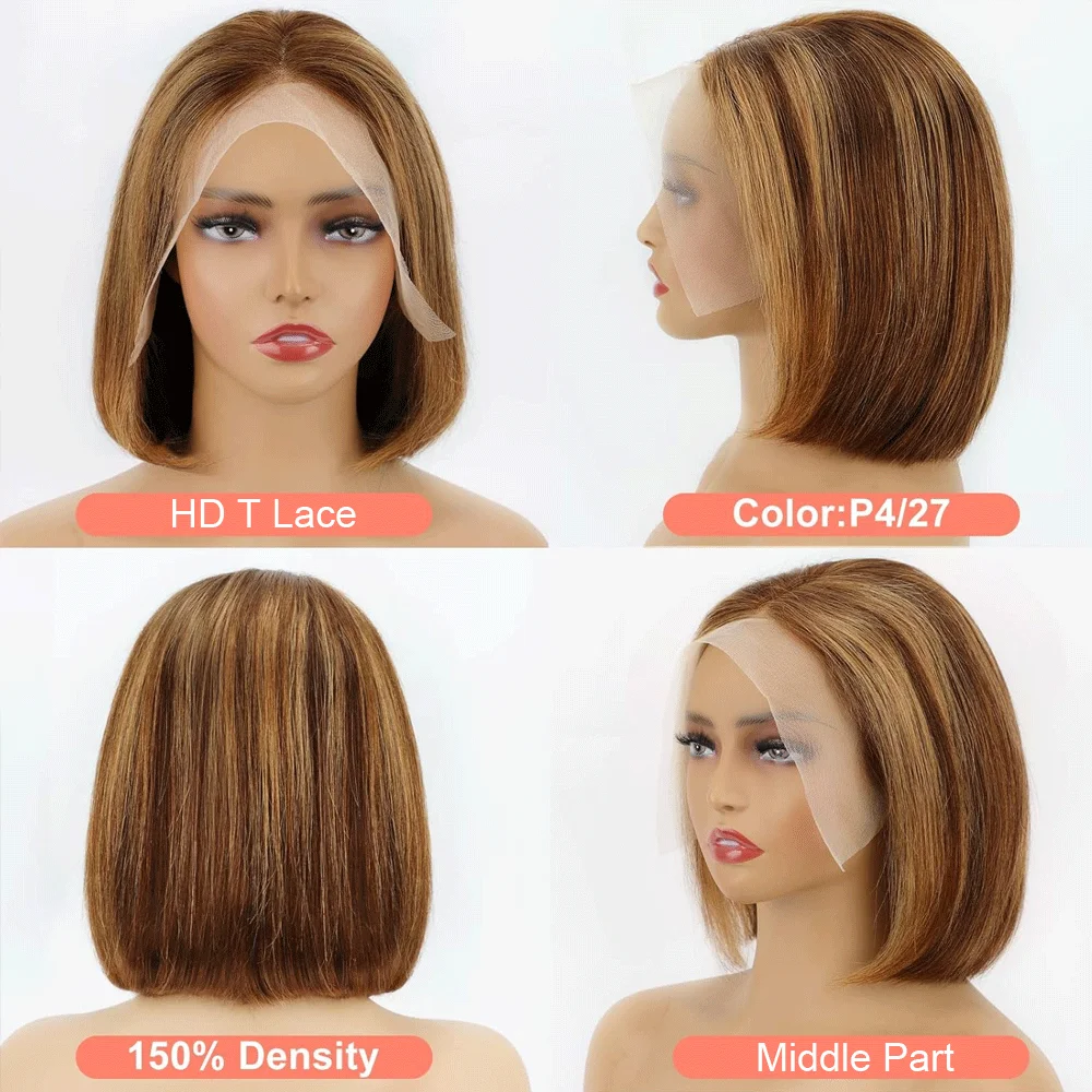 Highlight Bob Wig Human Hair Pre Plucked Lace Front Wigs for Black Women 4/27 Honey Blonde Bob Wig For Black Women 180% Density