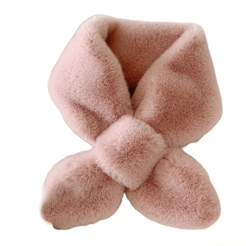 31BF Women Faux Fur for Cross Bib Scarf Color Plush Loophole Bow Neck Wa