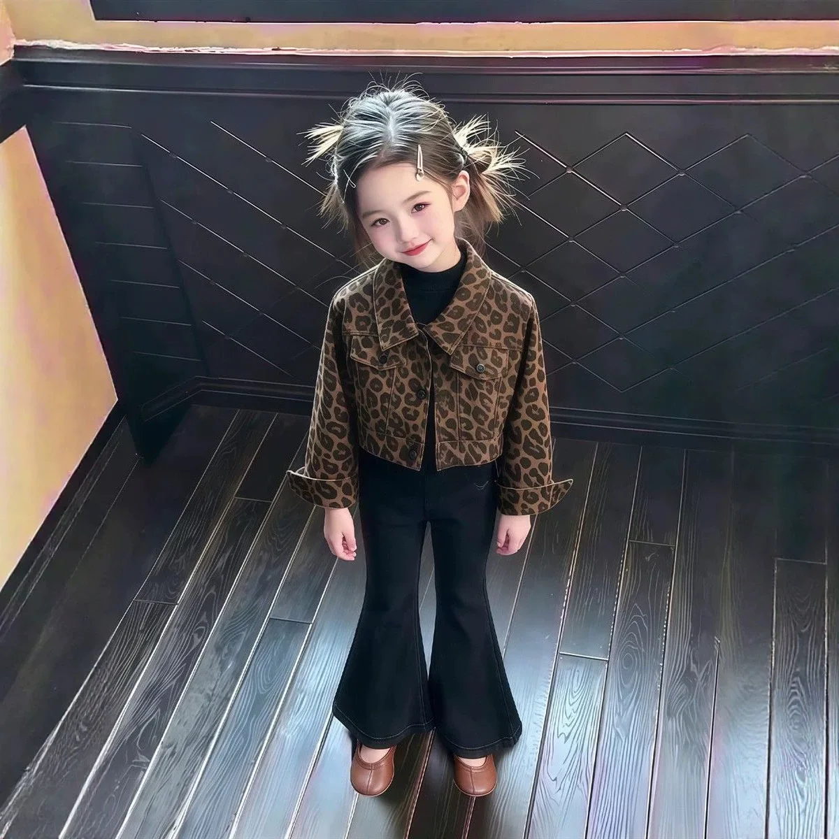 Girls' New Autumn Coat 2026 New, Leopard Print Jacket Black Flared Pants