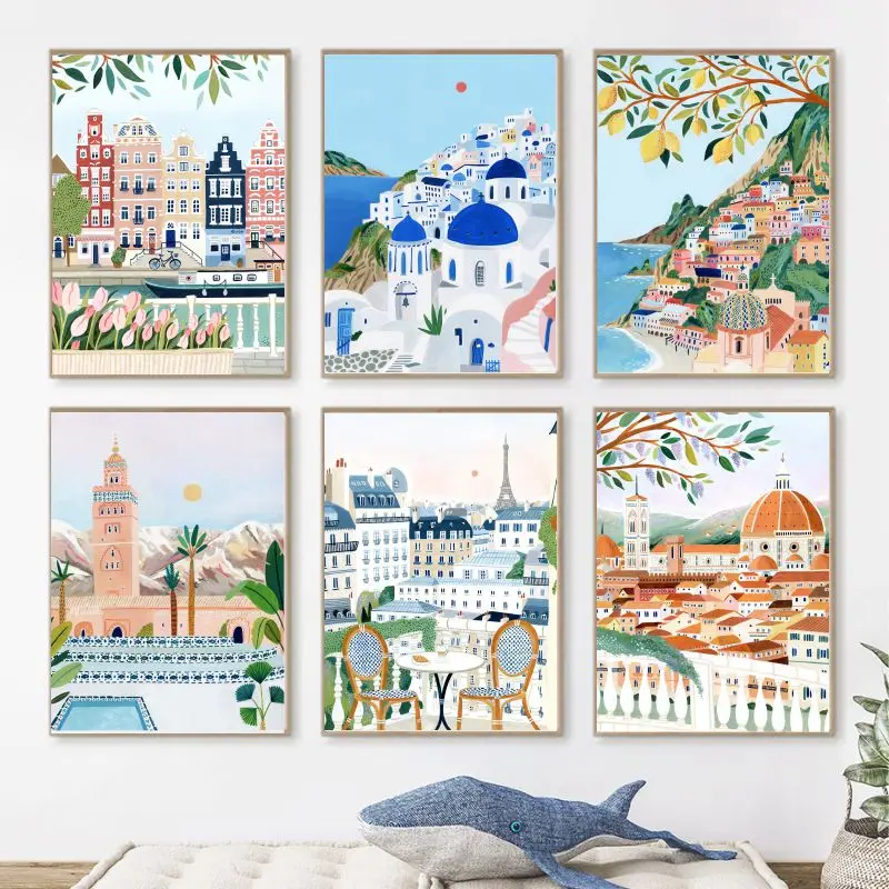 Santorini Positano Amsterdam Wall Art Canvas Painting Holland Tulips Poster Prints Nordic Home Decor Travel Housewarming Gift