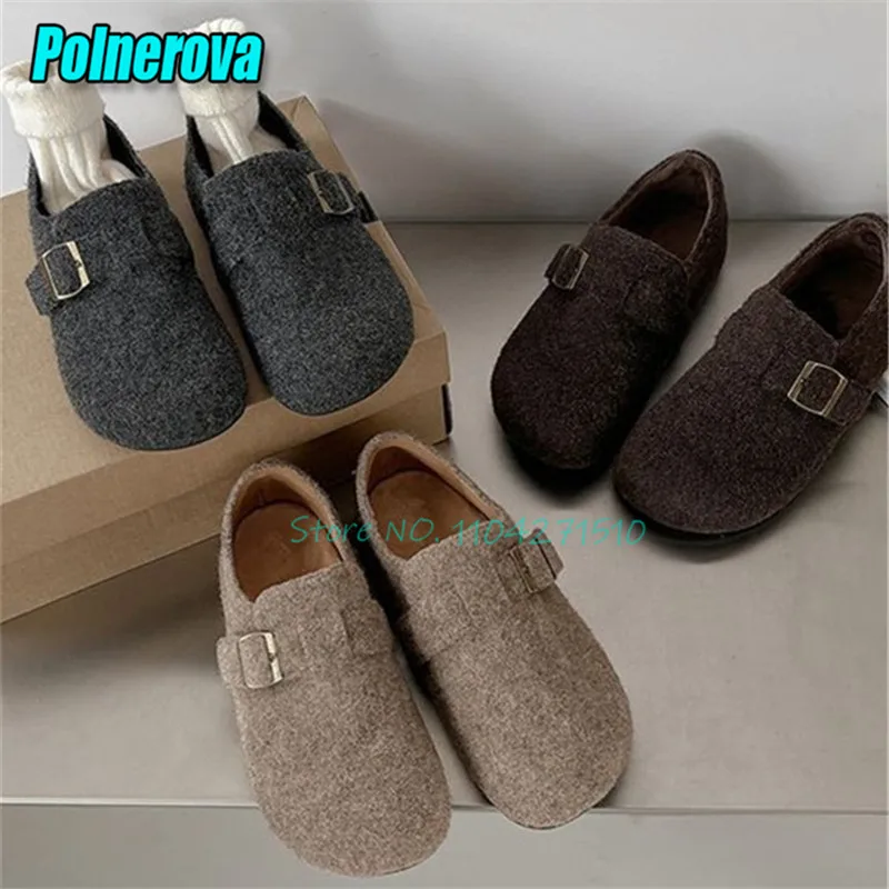 Autumn Winter New Thick Soled Casual Shoes Women Half Slippers Fashion Versatile Plush Belt Buckle Platform Round Toe Flat Mules