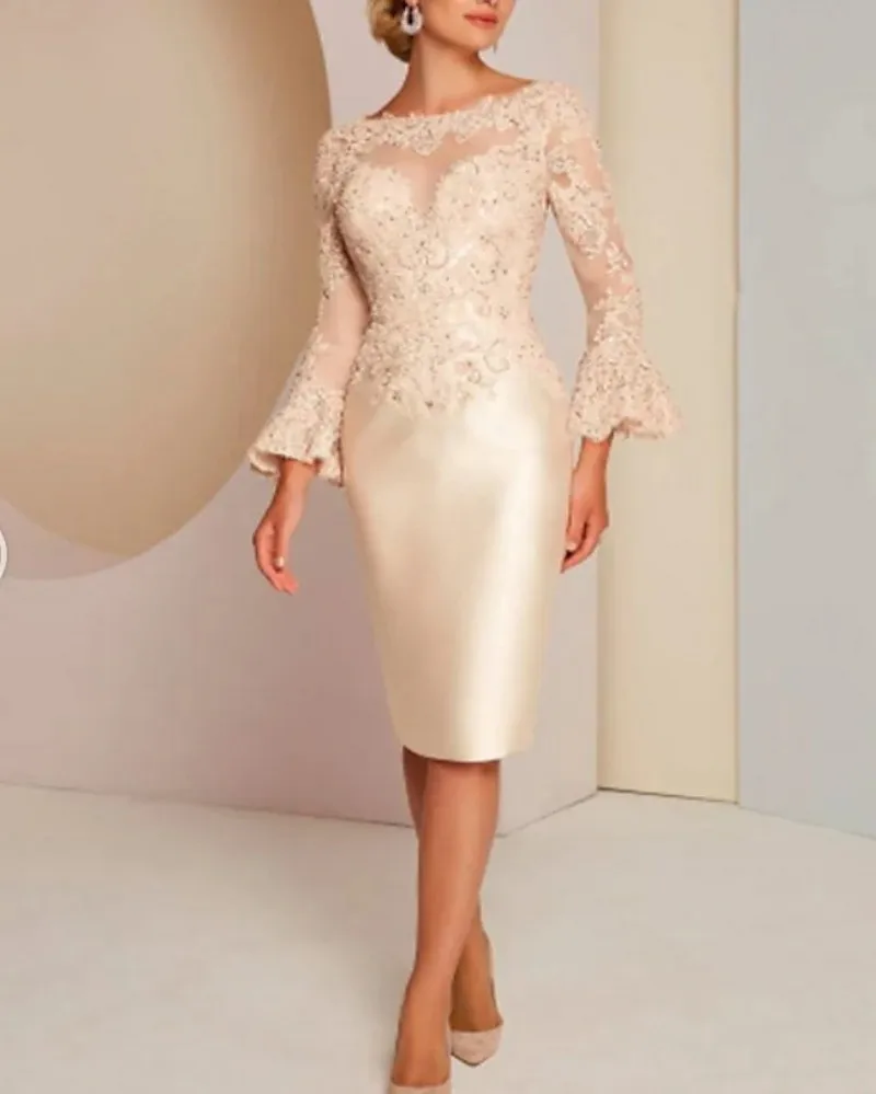 Sheath Mother of the Bride Dress Plus Size Elegant Jewel Knee Length Lace Satin Sleeves Wedding Formal Party Gowns Customized